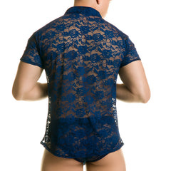 A navy blue lace shirt with floral pattern and short sleeves from Gigo Redemotion blue shirt collection