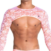 Pink lace long-sleeved top with white floral pattern featured in the Gigo Redemotion pink harness collection
