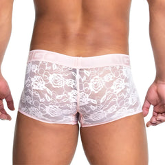 Gigo Redemotion pink trunk lace briefs with delicate white floral pattern and matching elastic waistband