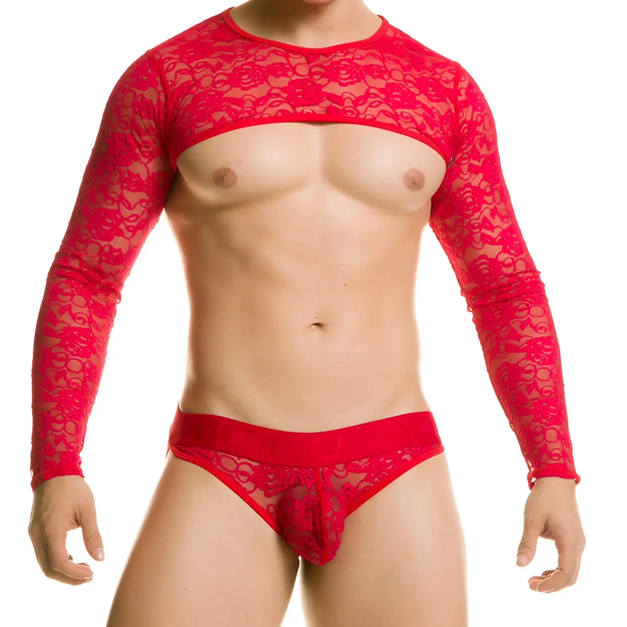 Gigo redemotion red harness featuring a red lace long-sleeved top with floral pattern and matching red lace briefs