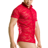 Gigo Redemotion red shirt with red floral lace short sleeves collar and button front design