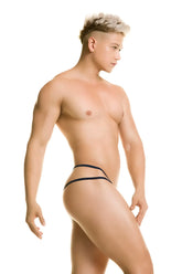 Black thong with thin sleek straps minimalist design lace double strap g string underwear gigo redemption blue size m back view