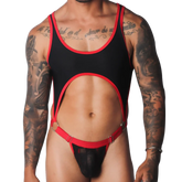 Black and red scoop-neck bodysuit with a chest cutout, O-ring connectors, and a sheer lace pouch.