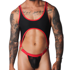 Black and red scoop-neck bodysuit with a chest cutout, O-ring connectors, and a sheer lace pouch.
