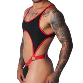 Black sleeveless bodysuit with red trim, high-cut sides, a chest cutout, and a red metal-ring waist strap.