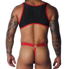 Black and red cropped tank top with thin shoulder straps paired with a red thong strap and metal ring detail.