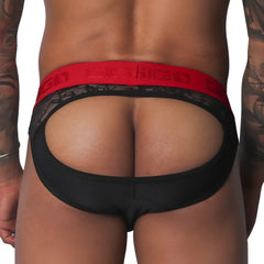 Black jockstrap with an open back, lace trim, and a thick red elastic waistband featuring the Gigo logo.