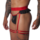 Black lace thong and red elastic garter belt with "GIGO" logo waistband and adjustable leg straps.