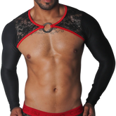 Black long-sleeve harness with floral lace chest panels, red trim, and a central metal O-ring.