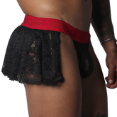 Black lace mini skirt with a red elastic waistband featuring the GIGO logo, worn over matching black lace briefs.