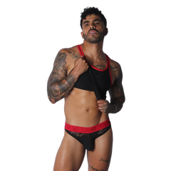 Black tank top featuring vibrant red trim on the scoop neckline and racerback straps.