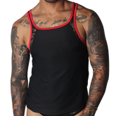 Black tank top with red trim, lace shoulder panels, and a subtle ribbed texture.