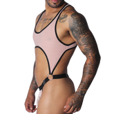 Romantic pink ribbed bodysuit with black trim, racerback style, and a ring-accented cutout waist.