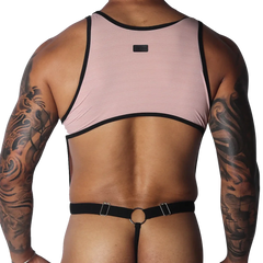 Romantic pink ribbed knit crop top with black trim, connected by thin straps to a black O-ring thong back.