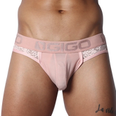 Romantic pink jockstrap with floral lace side panels, striped mesh front pouch, and branded Gigo elastic waistband.