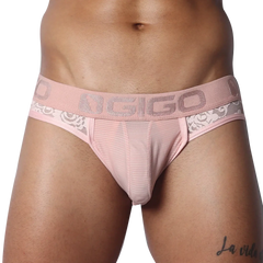 Romantic pink jockstrap with floral lace side panels, striped mesh front pouch, and branded Gigo elastic waistband.