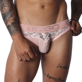 Romantic pink briefs in striped mesh and floral lace with a wide, branded elastic waistband.