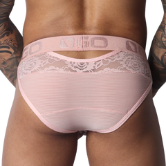 Pastel pink briefs with floral lace detailing, sheer striped fabric, and a branded elastic waistband.