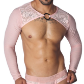 Pink long-sleeve crop harness featuring floral lace shoulder panels and a central metal O-ring chest connector.