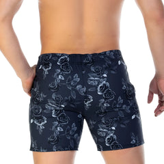 Dark navy gigo rose black beachwear swim trunks with elegant black rose and leaf pattern for stylish beachwear