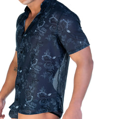 Dark blue sheer short-sleeved button-up shirt with subtle rose floral pattern gigo rose black shirt