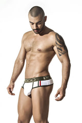 White men’s briefs with black and red trim featuring a bold giggo logo waistband gigo royalty white brief g string size m