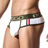 Gigo royalty white athletic briefs in white and olive green with a red stripe and dgigo logo waistband size M