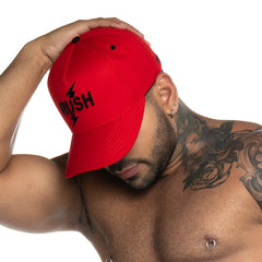 Red baseball cap from gigo rush with black embroidered rush logo and lightning bolt design on front panel