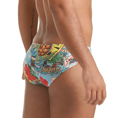 Gigo Seventies swim brief vibrant tropical men’s swim trunks with colorful surfboards pineapples and floral patterns