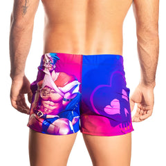 Gigo sexy men beachwear vibrant two toned swim trunks with bold anime print and abstract heart motifs for summer