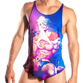 Gigo sexy men tank with vibrant purple and blue graphic featuring muscular cartoon with white hair