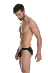 Black lace-trimmed sheer bikini underwear for men by gigo with subtle logo on waistband size xl