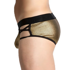 Gold mesh gigo shinese briefs with black elastic waistband and crisscross straps front view