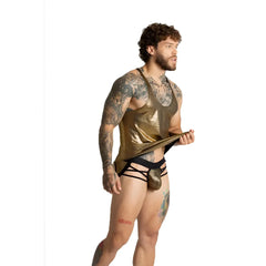 Gold metallic tank top with black trim and matching gold pouch-style brief in the Gigo Shinese Tank set