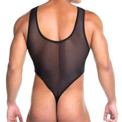 Black sheer mesh one-piece swimsuit with black trim from Gigo Skin black body collection