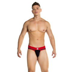 Red and black gigo skin brief jockstrap with mesh panel design showing lightweight breathable athletic fabric
