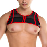 Black and red mesh top with bold trim in gigo skin red harness design showing front side details