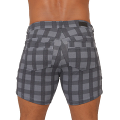 Gray and black plaid gigo social blue square shorts with subtle textured weave for casual wear