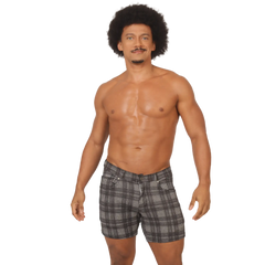 Black and white checkered gigo social gray square short men’s plaid cotton shorts front view
