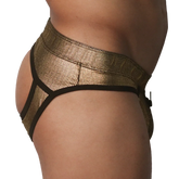 Metallic gold jockstrap with a textured, shimmering finish and black trim detail, shown from a side profile.