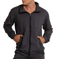 Gigo sport jacket dark gray heathered zip-up hoodie with black zipper and ribbed cuffs in soft fabric