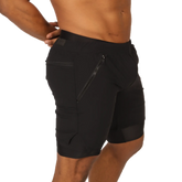 Gigo sporty black athletic shorts with sleek form-fitting design and multiple zippered pockets for secure storage