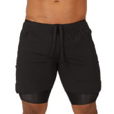 Gigo sporty black shorts with drawstring waistband zippered side pockets and layered hem design for athletic use