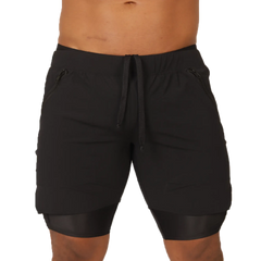Gigo sporty black shorts with drawstring waistband zippered side pockets and layered hem design for athletic use