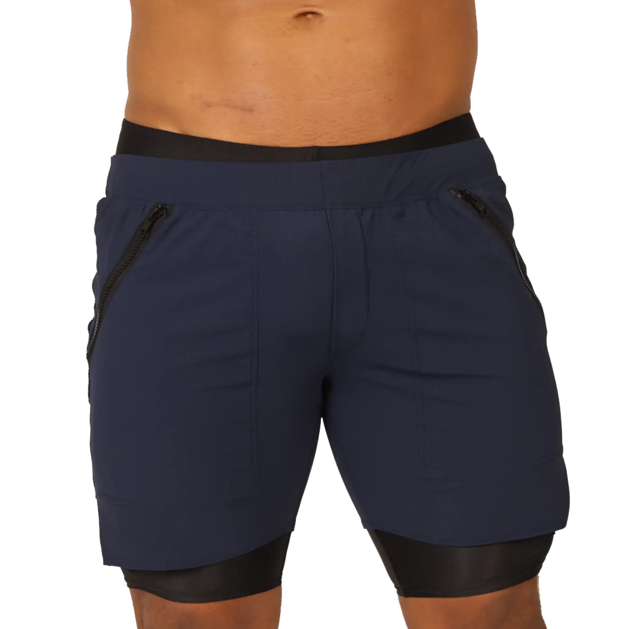 Navy blue gigo sporty blue shorts with black elastic waistband black trim and side zip pockets for athletic use