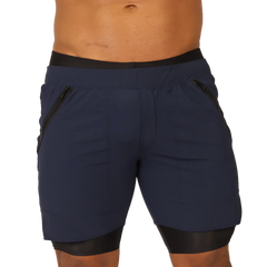 Navy blue gigo sporty blue shorts with black elastic waistband black trim and side zip pockets for athletic use