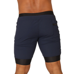 Navy blue gigo sporty short with black elastic waistband and leg cuffs featuring a zippered side pocket