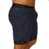 Gigo sporty blue short navy blue athletic shorts with black elastic waistband and side zipper pockets