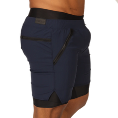 Gigo sporty blue short navy blue athletic shorts with black elastic waistband and side zipper pockets