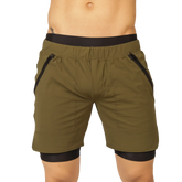 Gigo sporty green olive shorts with black elastic waistband and side zip pockets suitable for athletic use